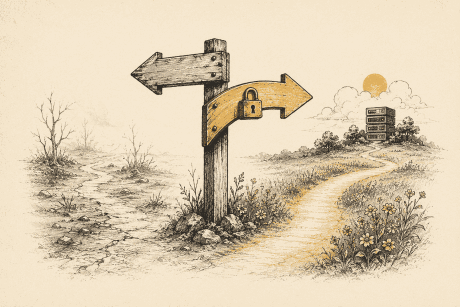 A signpost at a fork where a faded abandoned path sits left and an arrow with a padlock bends toward a fresh new path leading to a small server