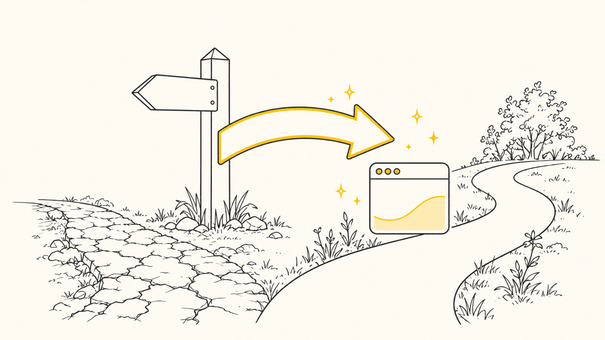 An illustration of a signpost with one arrow bending from a path labeled with an old URL toward a new path