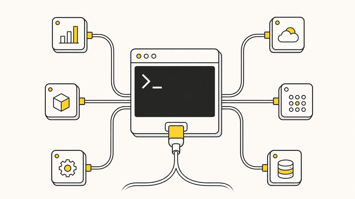 An illustration of a terminal window with a plug connecting to several small labeled boxes, representing MCP servers, arranged around it