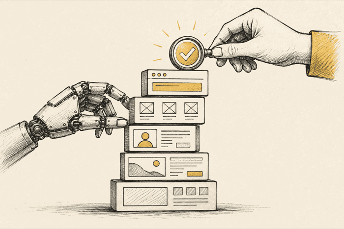A robotic arm stacking generated webpage panels into a tower while a human hand lowers a magnifying glass with a checkmark over the top panel