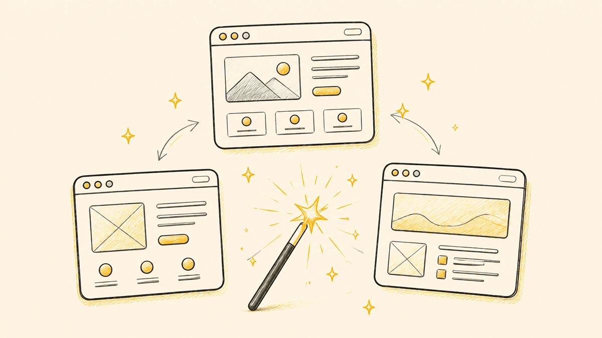 An illustration of several browser windows each showing a different simple webpage layout, arranged around a central magic-wand icon