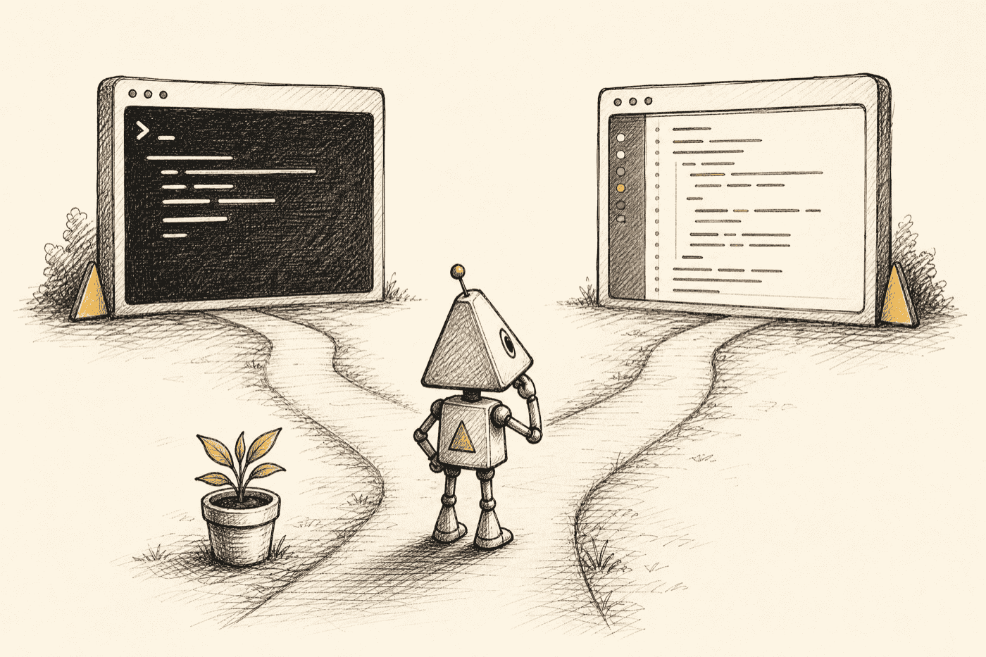 A triangle-headed robot pausing at a fork in a sketched path that splits toward a terminal window on one side and a code editor on the other