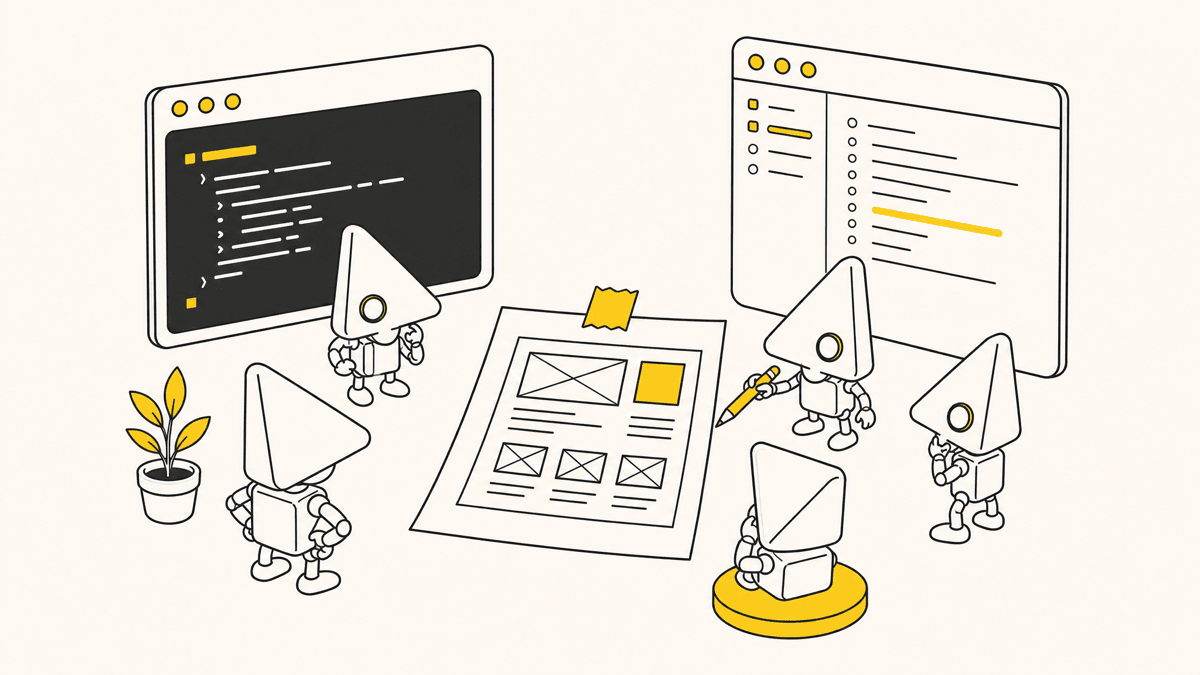 An illustration of several small robot-cursor icons arranged around a terminal window and an editor window, facing a paper sketch of a webpage