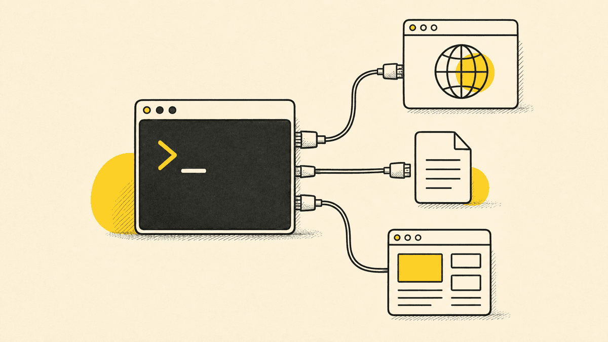 An illustration of a terminal window with several small labeled connector plugs branching out to icons for a browser, a document, and a webpage