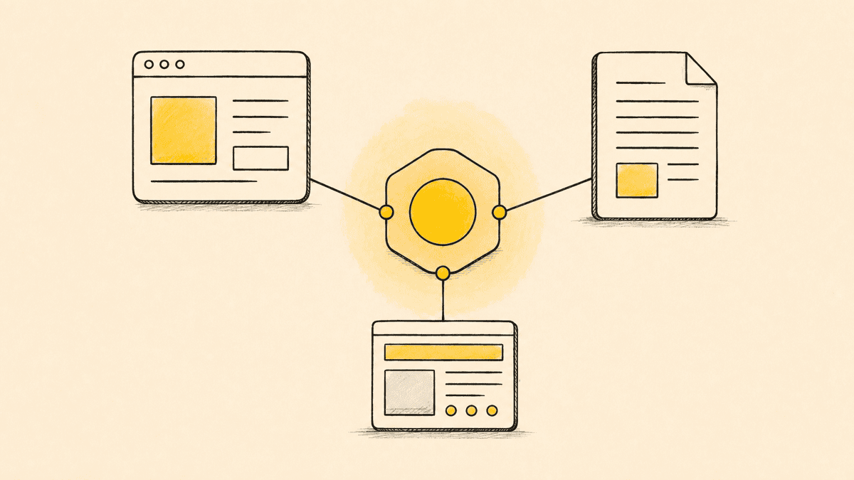 An illustration of a central hub with several small labeled connector lines branching out to a browser window, a document, and a webpage sketch