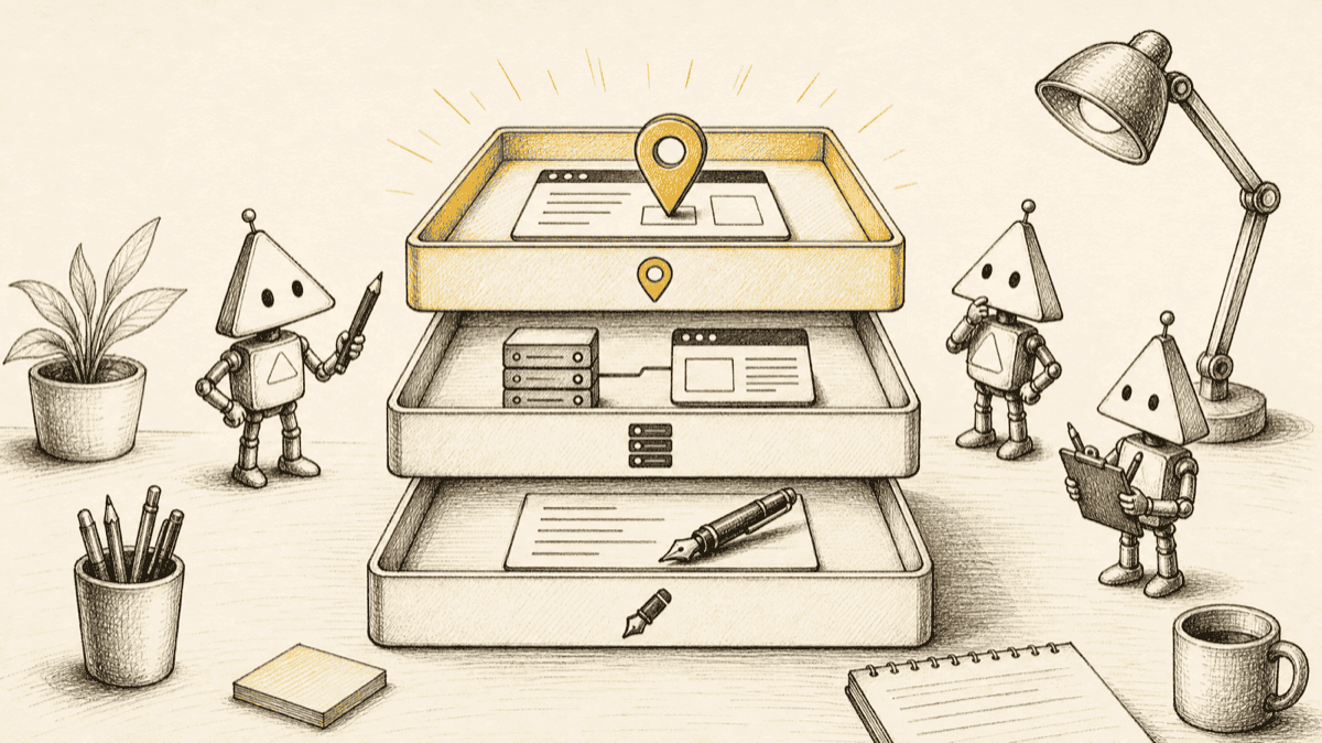 A three-layer vibe coding stack drawn as a workbench: a code-writing agent, a hosting app builder, and a review layer where a hand pins a live page, with the review layer highlighted