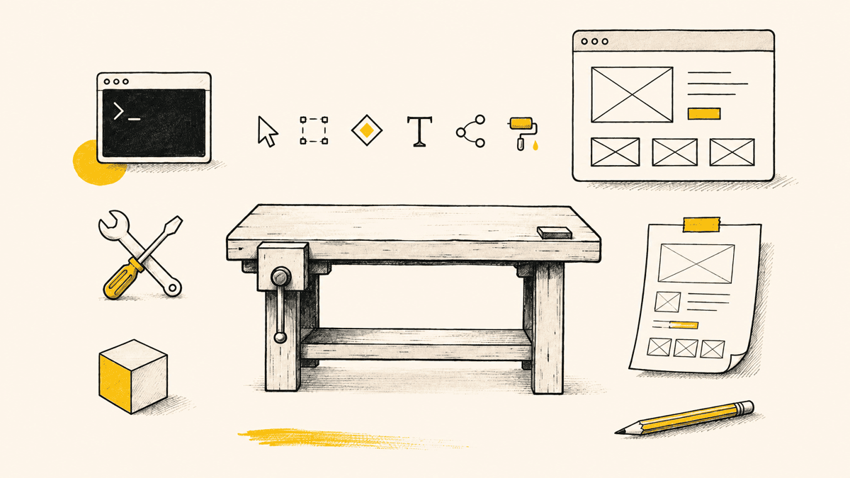 An illustration of several small labeled tool icons, a terminal, a browser window, and a paper sketch of a webpage, arranged around a central workbench