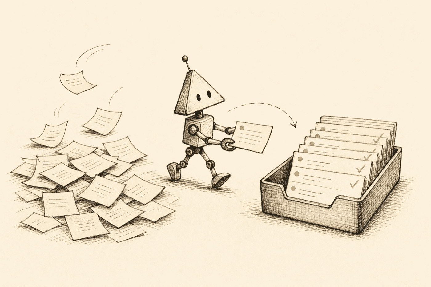 Scattered loose notes on one side reorganized into a single tidy inbox tray with colored status dots and golden checkmarks on the other