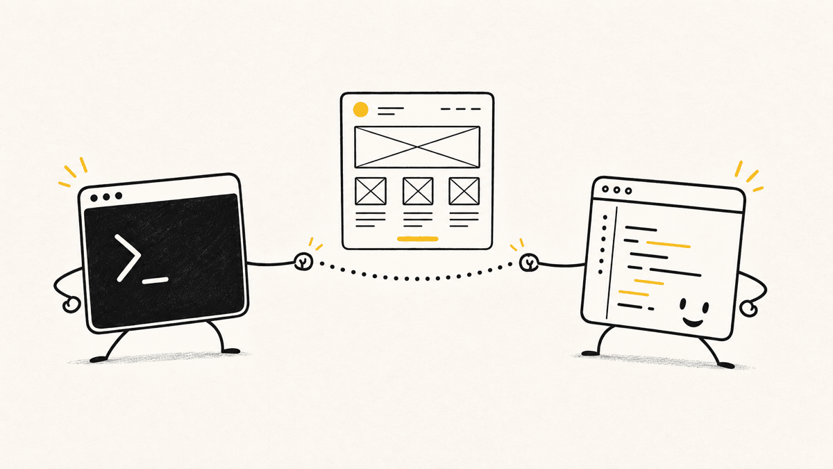 An illustration of a terminal window and a code editor window side by side, each with a small robot icon, facing a paper sketch of a webpage between them