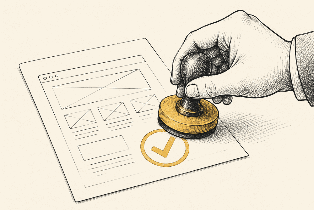 A hand pressing a rubber approval stamp onto a document showing a small webpage wireframe, a checkmark impression forming