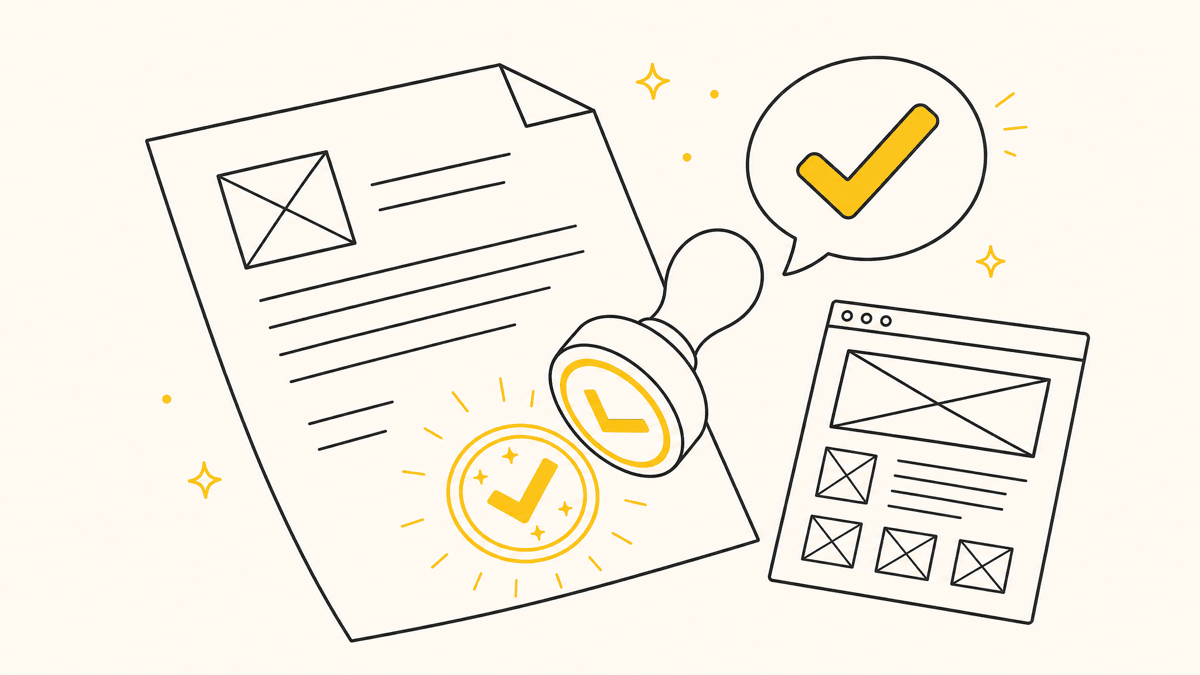 An illustration of a document with a stamped approval checkmark next to a small webpage wireframe and a speech bubble