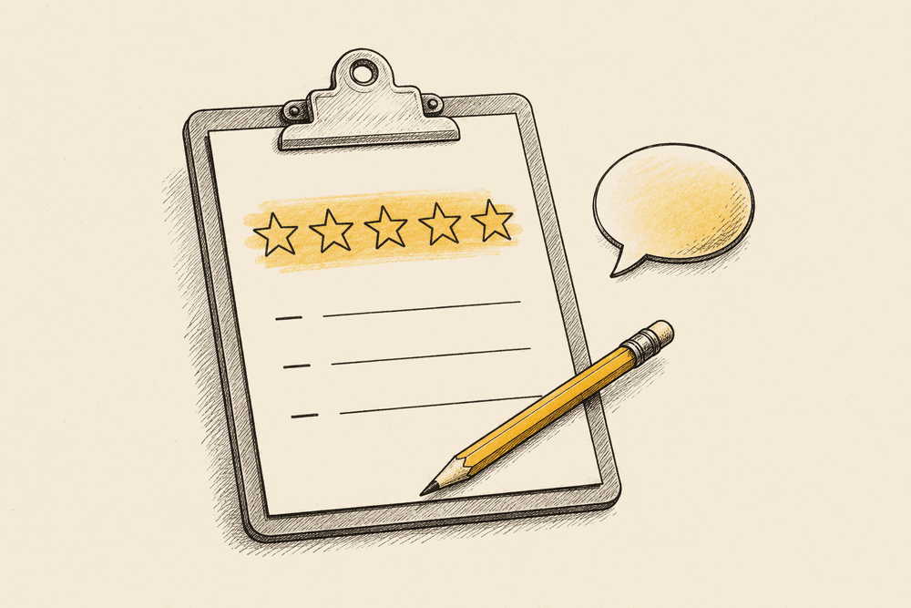 A clipboard survey form with a row of five stars and short answer lines, a pencil resting across it