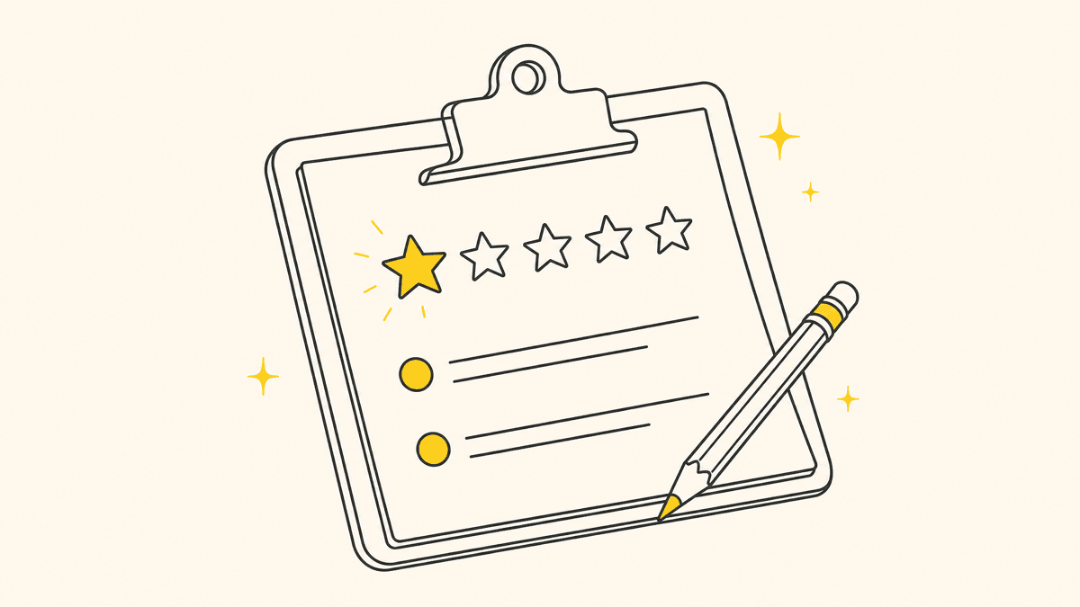 An illustration of a survey form with a star rating row and a few short answer lines, next to a small pencil