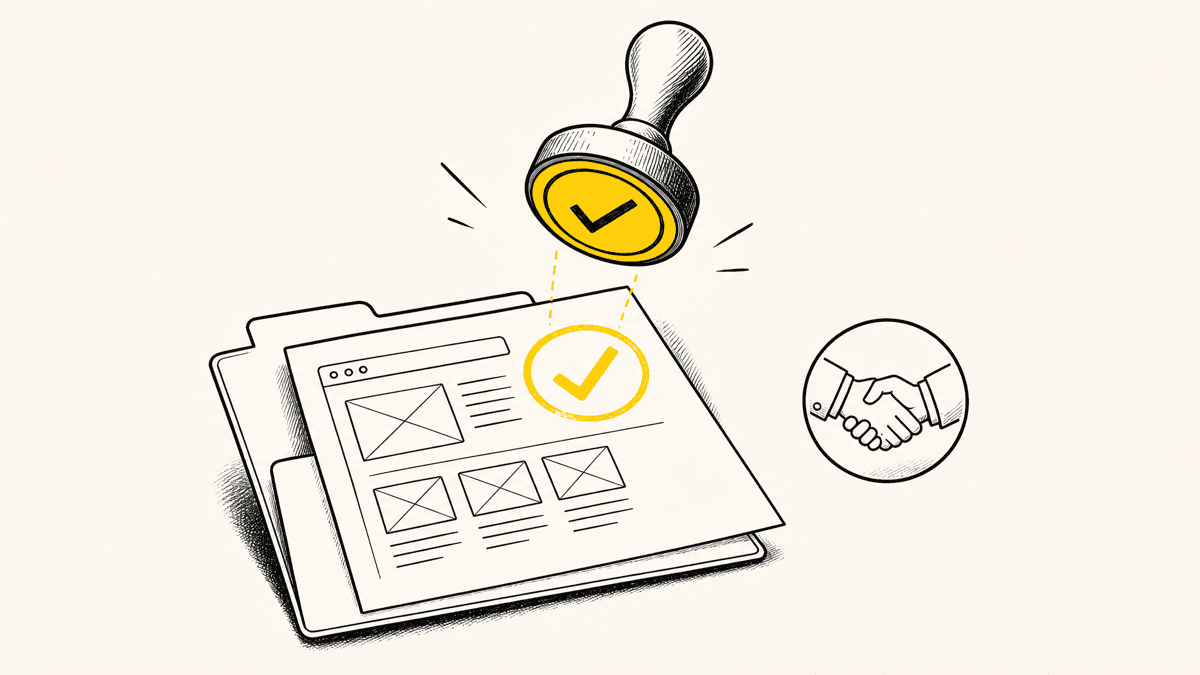 An illustration of a laptop showing a webpage with an approve checkmark stamp and a small speech bubble, next to a paper folder