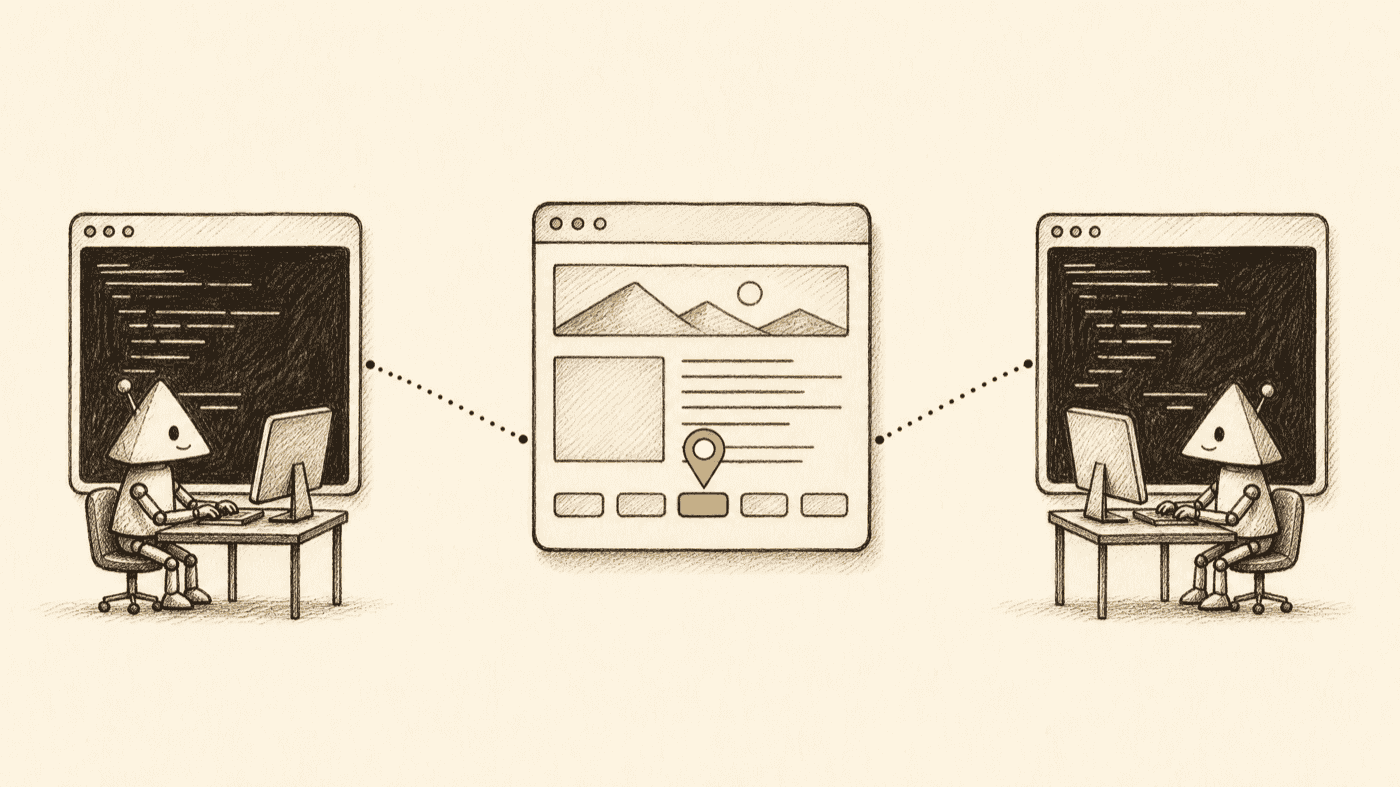 Two terminal windows, each with a small sketch robot, both wired over a labeled connector to the same live web page where a pin marks a misaligned button, showing the review loop is identical for either agent