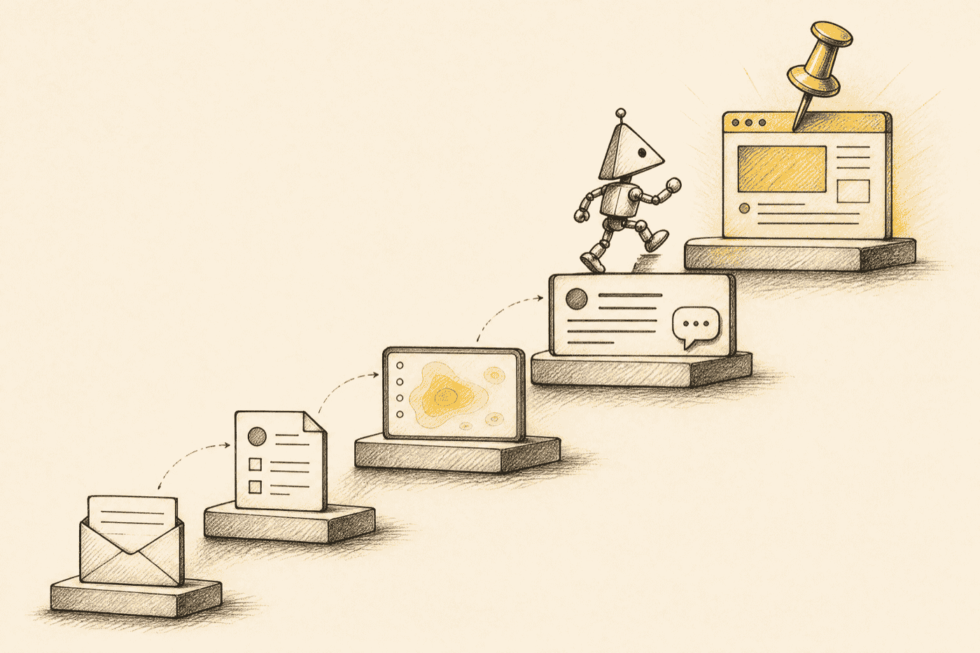 Five feedback methods arranged as an ascending staircase from an email envelope up to a golden pushpin on a live webpage
