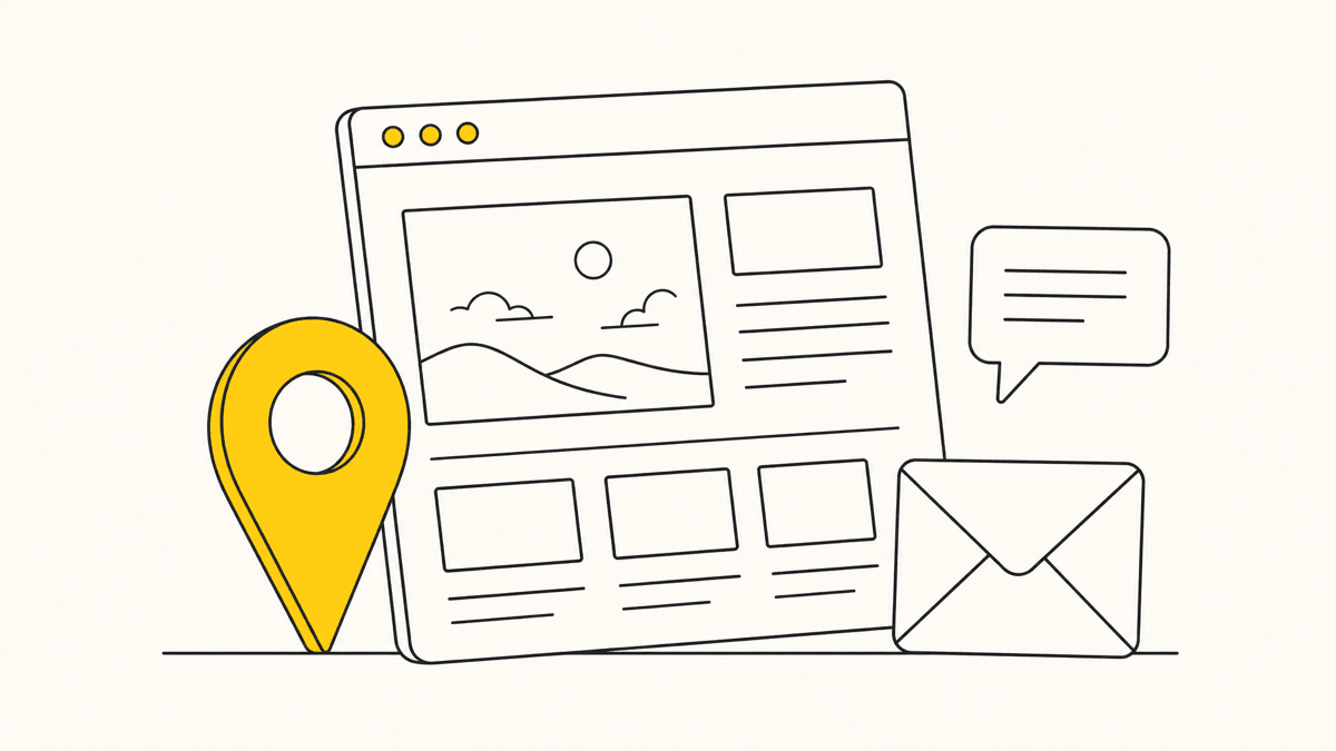 An illustration of a webpage layout with a pin, a small comment bubble, and an inbox icon arranged around it