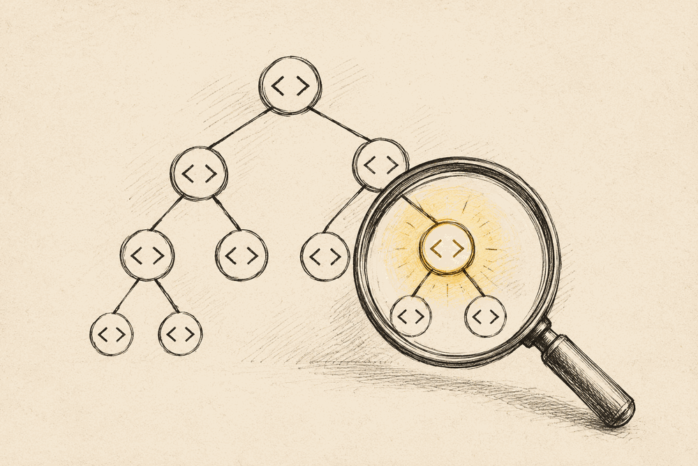 A magnifying glass over a sketched tree of HTML angle-bracket tags, one node glowing highlighted