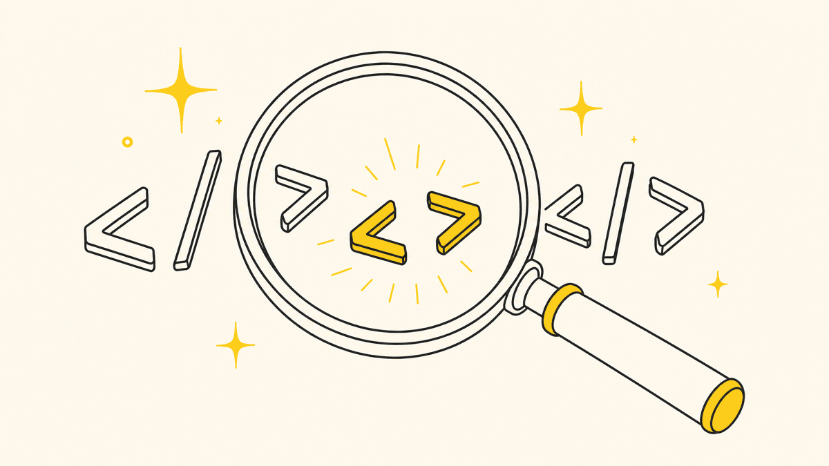 An illustration of a magnifying glass over sketched HTML tags with one element highlighted in glowing yellow