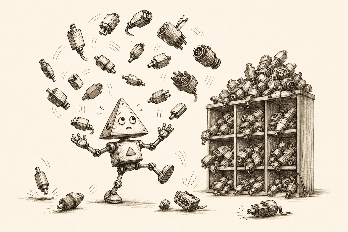 A robot juggling far too many connector plugs, several tumbling to the ground, an overflowing shelf behind it