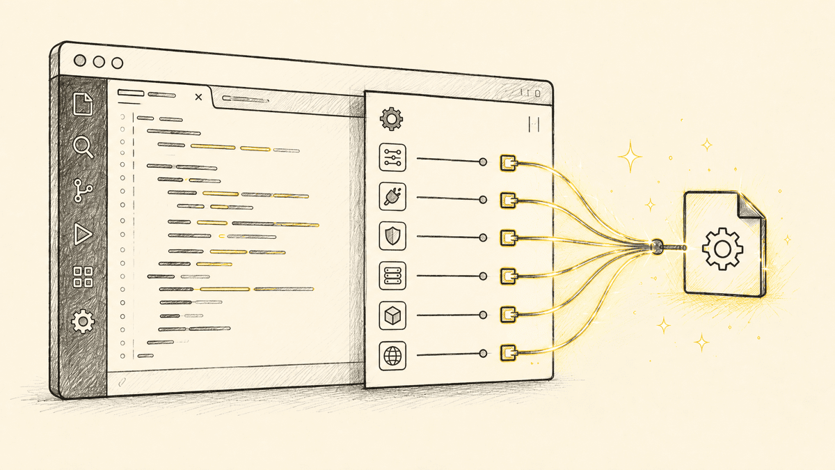 An illustration of a code editor window with a settings panel open, showing several small labeled connector plugs branching toward a config file icon