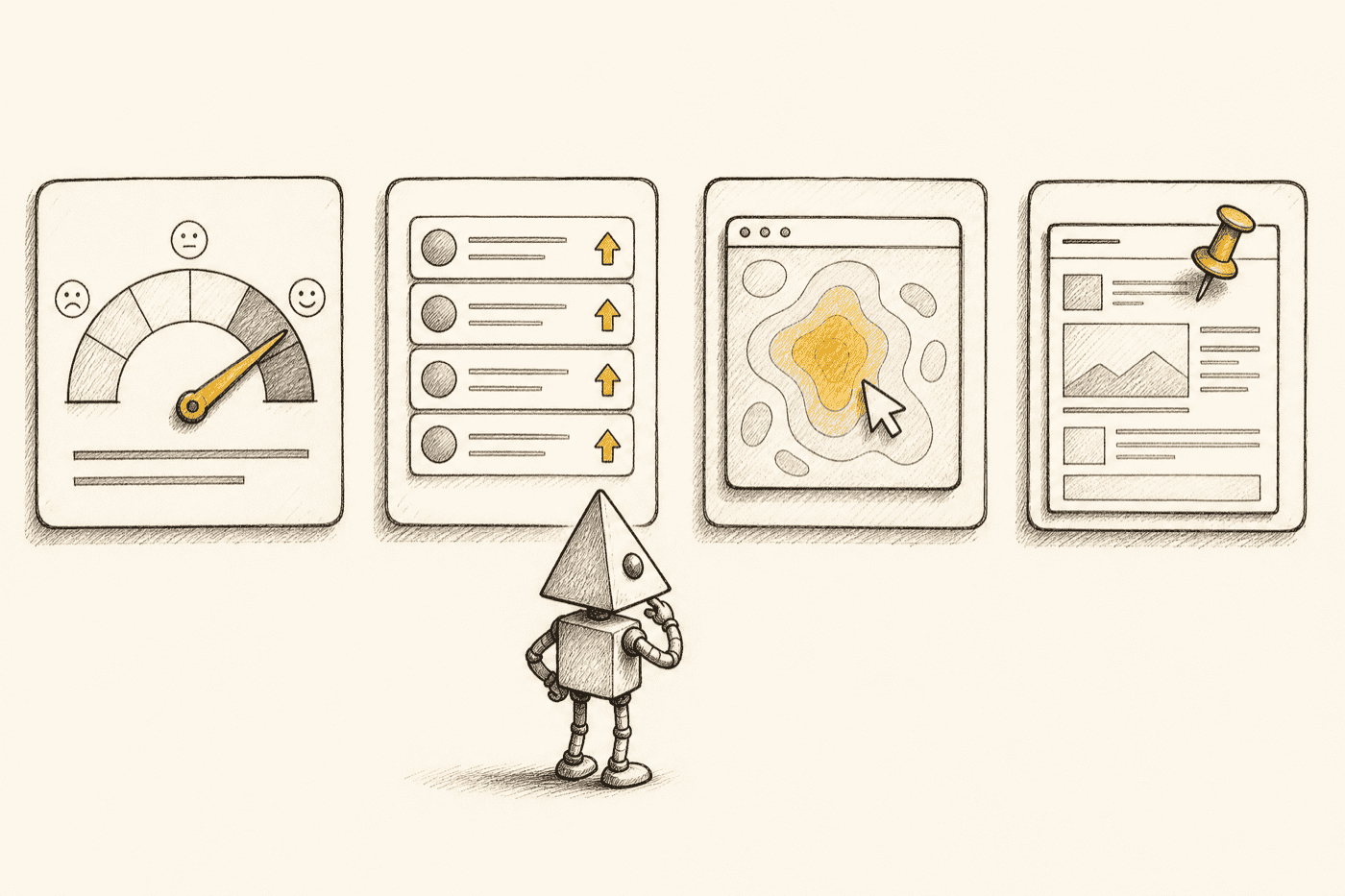 A triangle-headed robot considering four feedback instruments: a score gauge, an upvote list, a heat-map screen, and a webpage with a pushpin