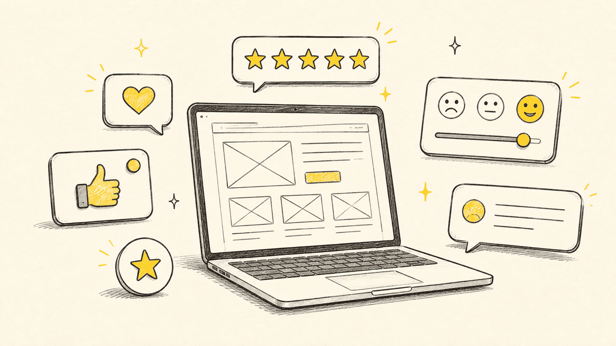 An illustration of several small feedback widgets, a star rating, a survey card, and a comment bubble, arranged around a laptop showing a webpage