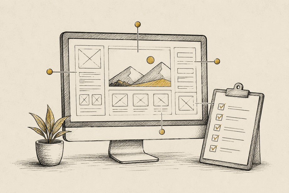 A design mockup on a monitor covered with numbered annotation pins, a checklist clipboard leaning beside it