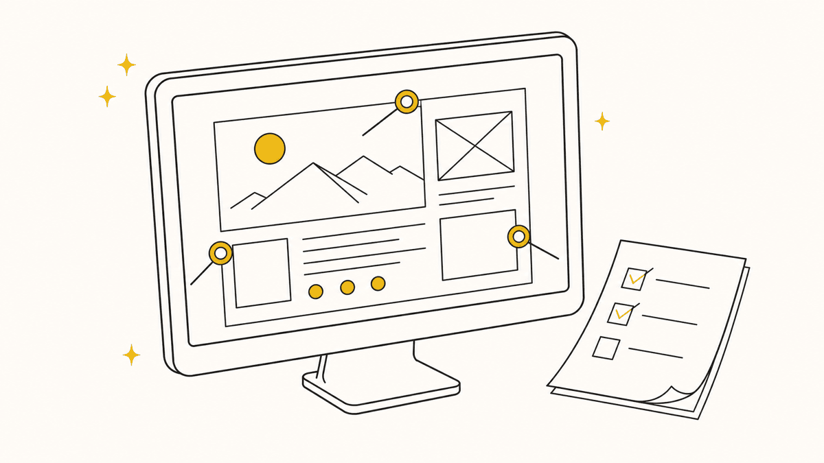An illustration of a design comp on a monitor with several small annotation pins scattered across it and a checklist beside it