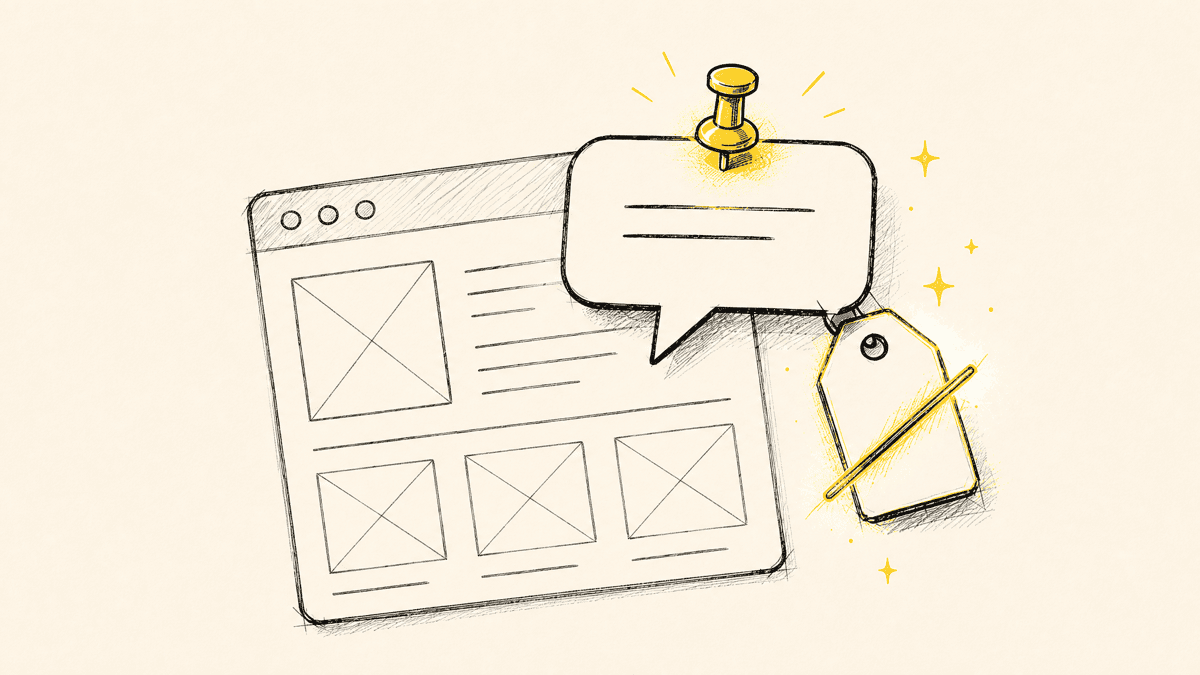 An illustration of a speech bubble pinned to a webpage wireframe with a small price tag crossed out beside it