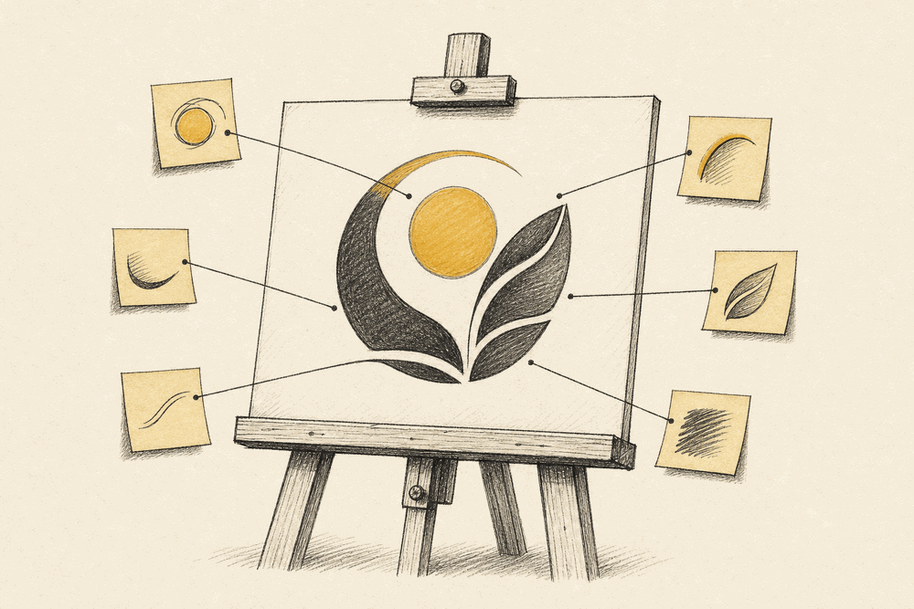 A logo mockup on an easel surrounded by sticky-note comment bubbles each pointing at a specific part of it
