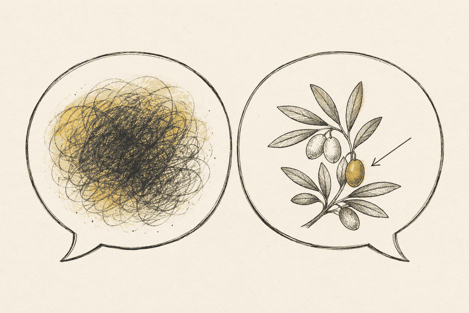 Two speech bubbles side by side, the left holding a vague fuzzy scribble, the right a precise arrow pointing at a specific detail