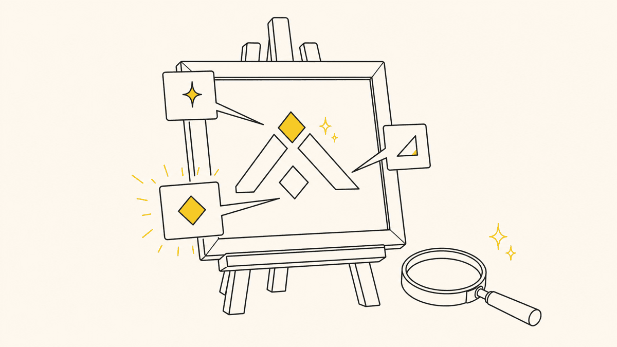 An illustration of a logo mockup on an easel surrounded by small sticky-note style comment bubbles pointing at specific parts of it