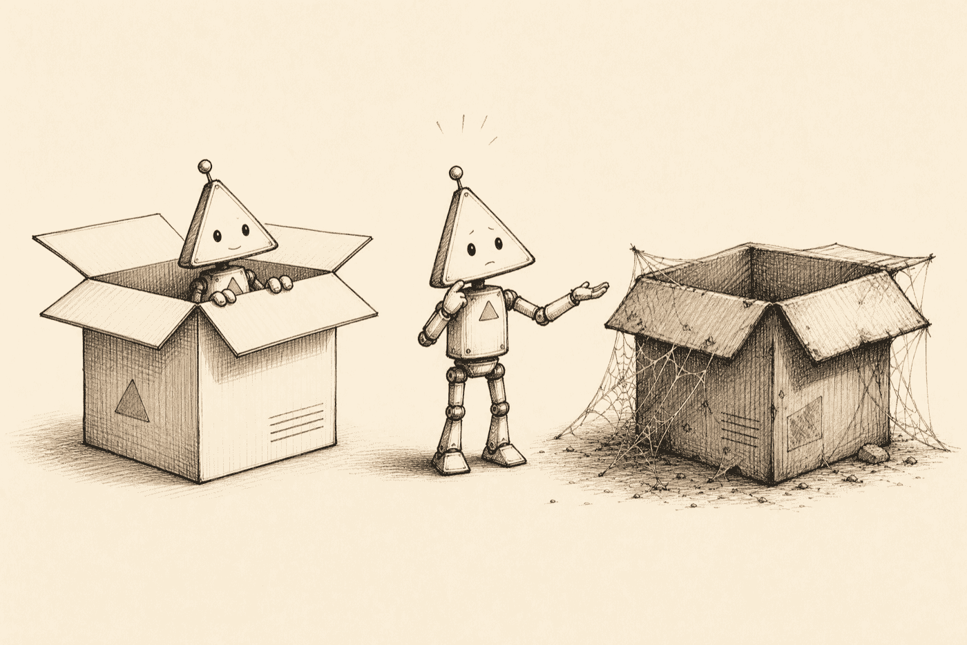 Two shipping boxes side by side, one bright and new with a friendly robot, the other old and cobwebbed, a robot deciding which is correct