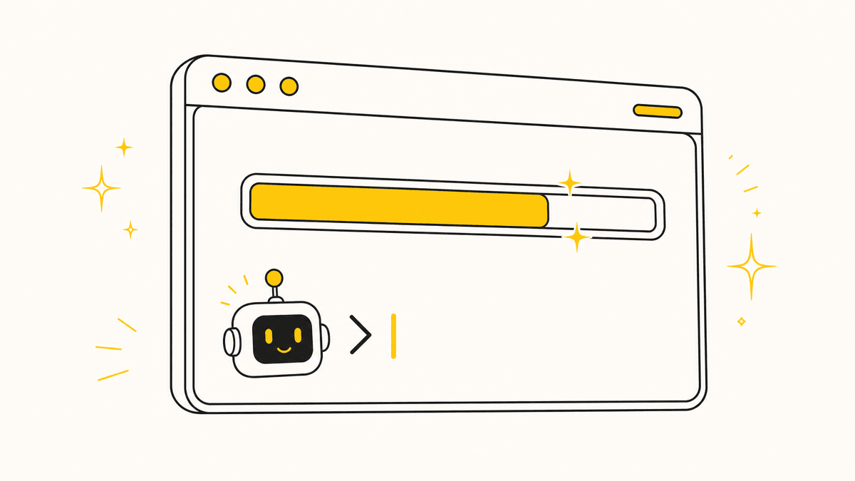 An illustration of a terminal window with a download progress bar and a small robot-cursor icon appearing at the command prompt