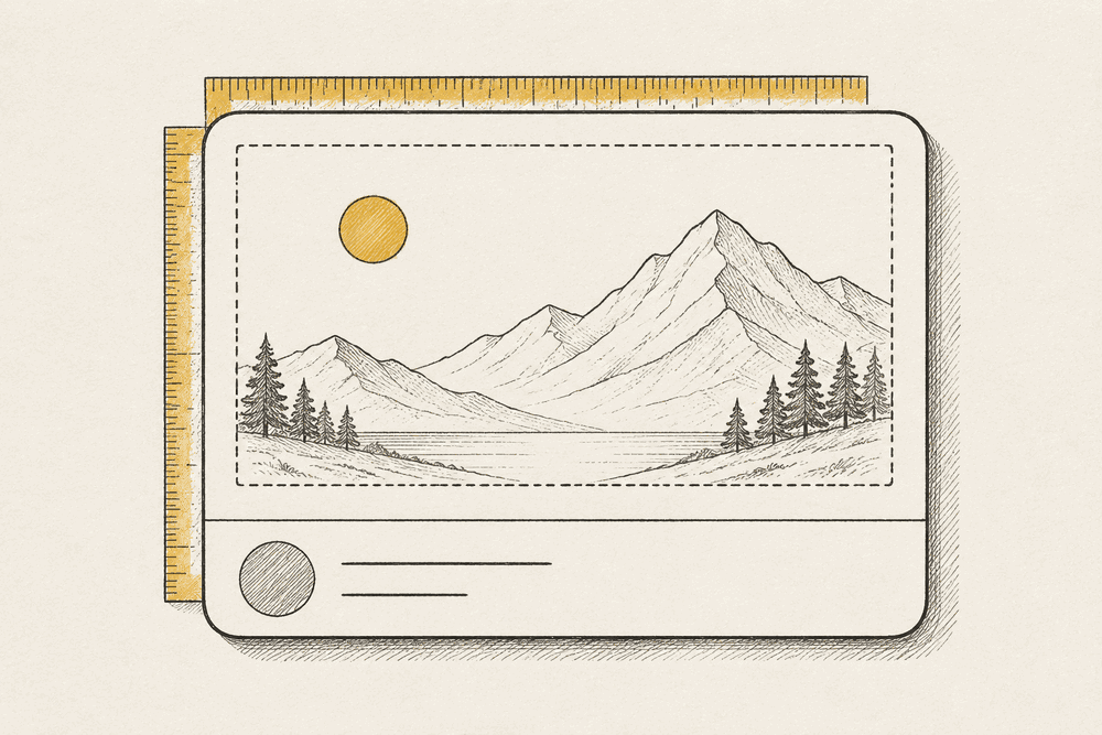 A social link-share card frame containing a landscape image, a ruler measuring its edges, and a dotted inner safe-zone rectangle