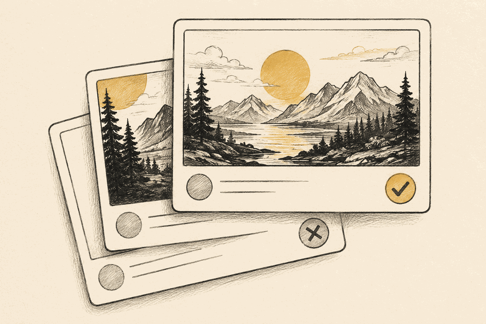Three fanned-out social share preview cards, the top correctly framed with a checkmark, one behind it awkwardly cropped with a cross mark