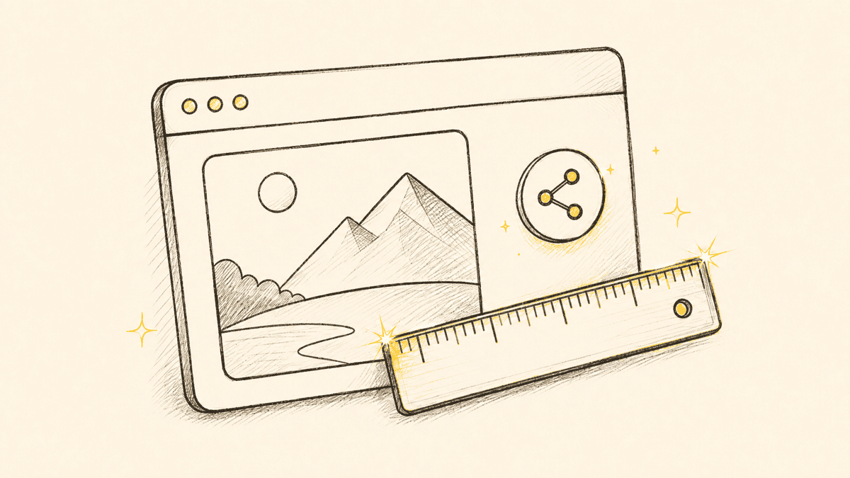 An illustration of a browser share card frame with a landscape image inside it and a small ruler measuring its edges