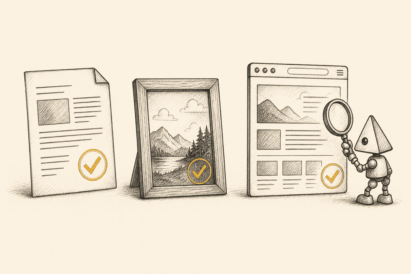 Three review surfaces side by side — a document, a photo, and a live webpage in a browser — each with a golden approval checkmark, a robot inspecting the webpage with a magnifying glass