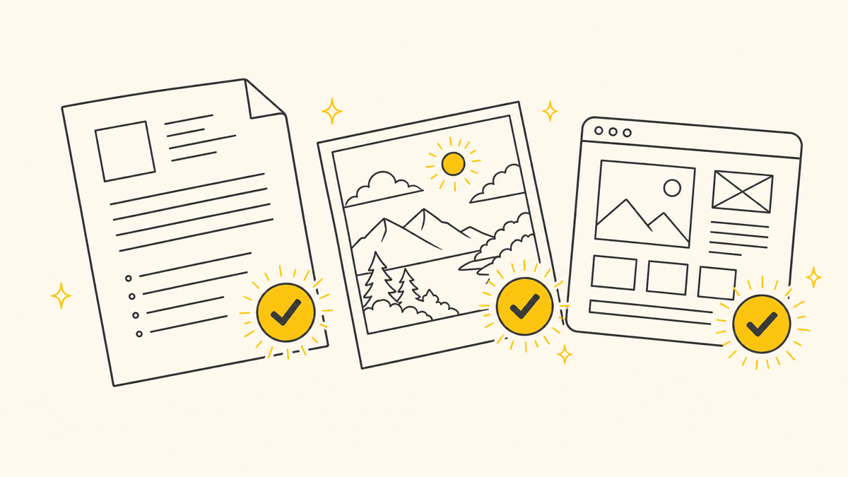 An illustration of a document, an image, and a webpage laid side by side, each with a small approval checkmark stamp