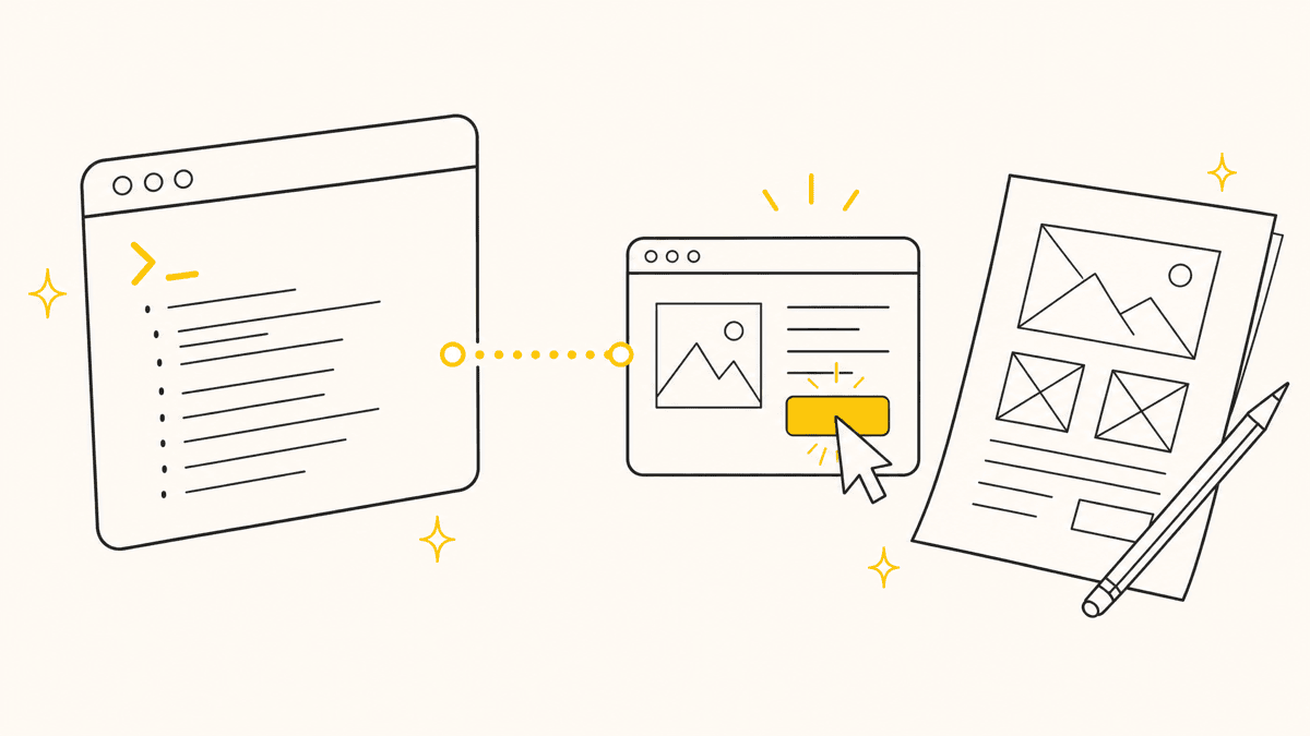 An illustration of a terminal window connected by a dotted line to a small browser window with a cursor mid-click, next to a paper sketch of a webpage