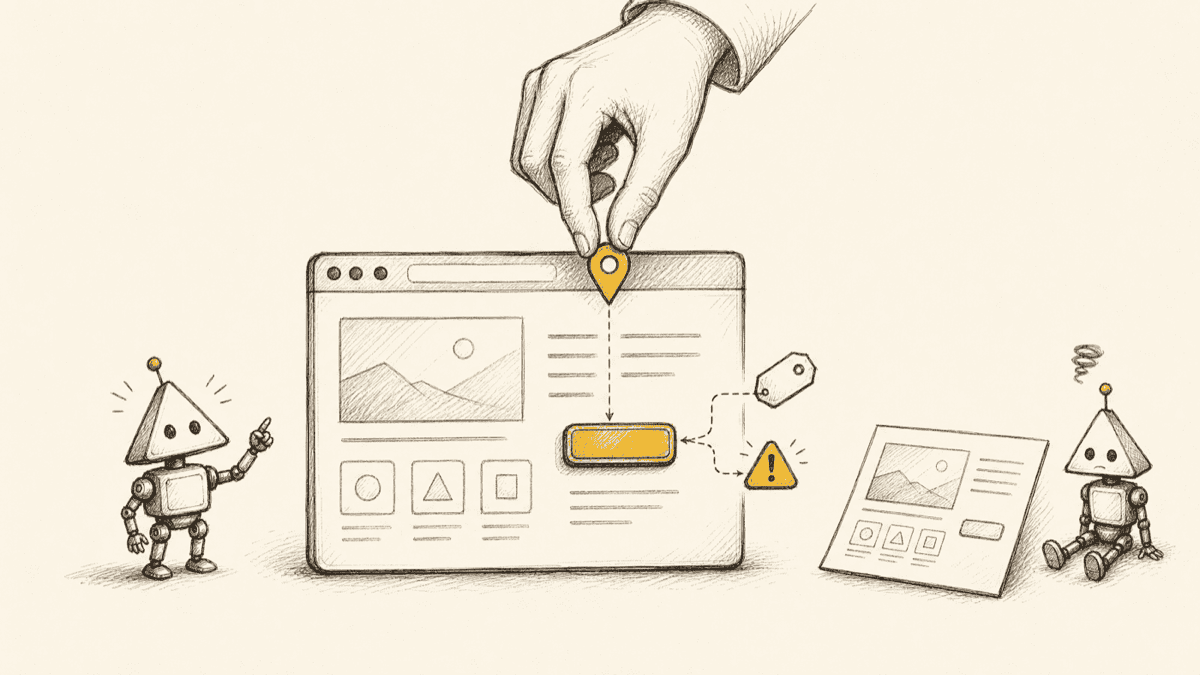 A live web page with a feedback pin dropped on a misaligned button, next to the element's selector and a console error