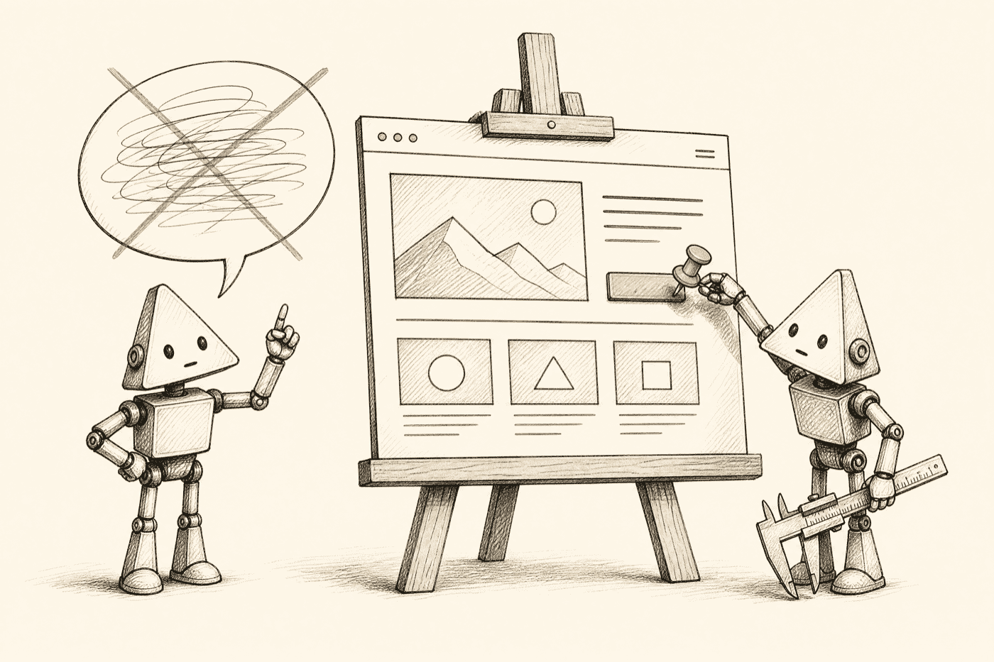 A webpage on an easel with a vague scribbled speech bubble crossed out on one side and a golden pushpin dropped precisely on one element beside a caliper on the other
