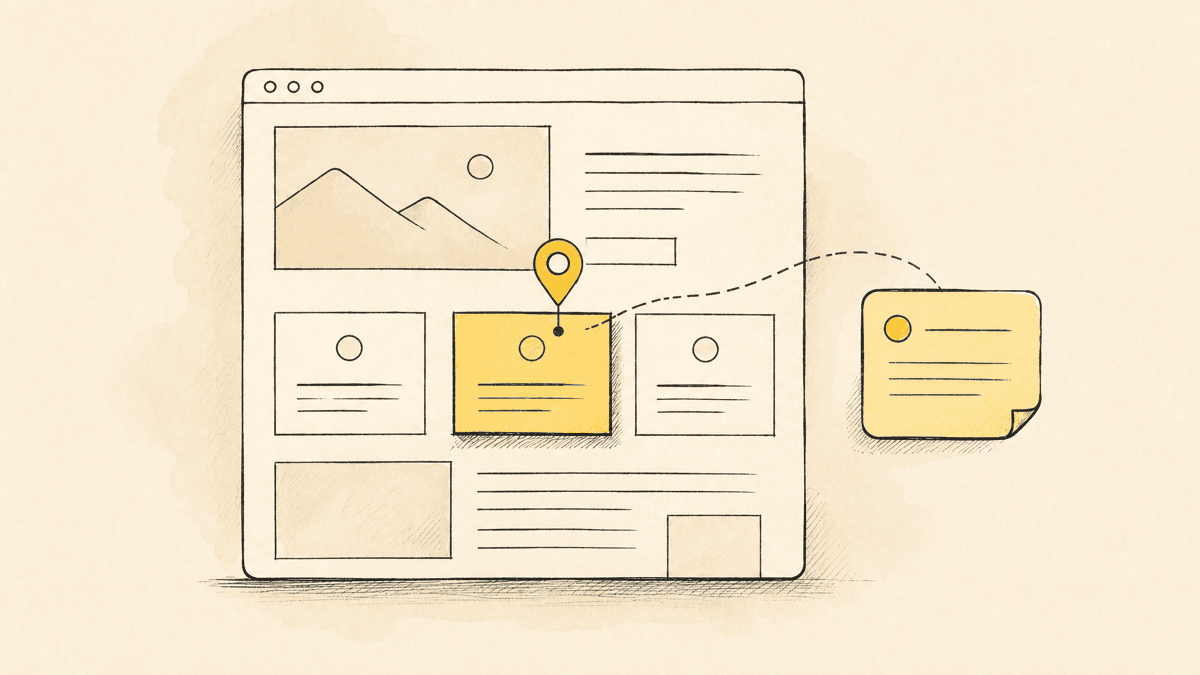 An illustration of a webpage layout with a pin dropped on a specific element and a small annotated comment beside it