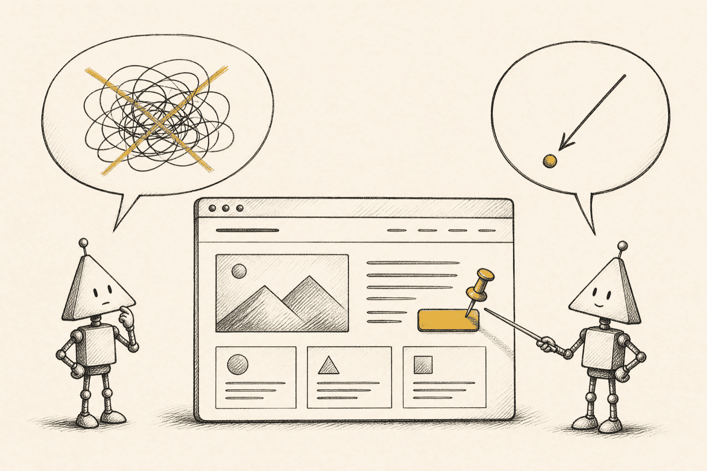 A webpage with a vague scribbled speech bubble crossed out on the left and a clean arrow pinpointing an exact highlighted button with a golden pushpin on the right