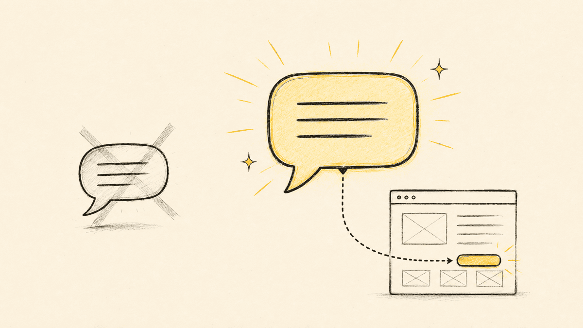 An illustration of two speech bubbles side by side, one vague and crossed out, one pointing precisely at a highlighted button on a webpage