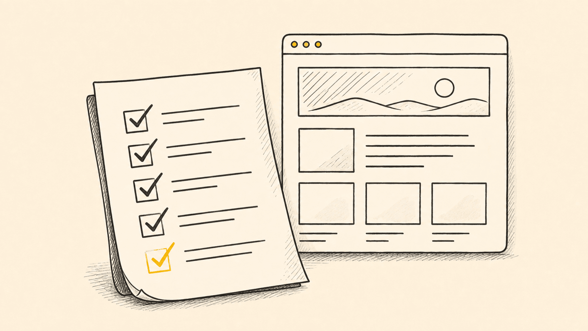 An illustration of a paper checklist with several boxes checked next to a small sketch of a webpage layout