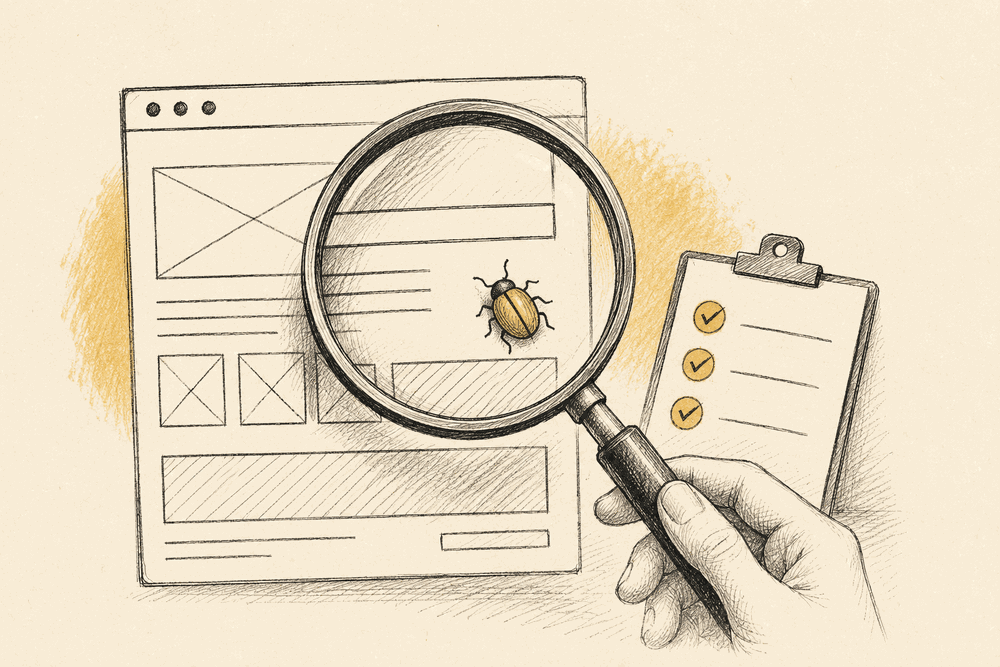 A magnifying glass held over a webpage wireframe revealing a small hidden bug icon, a checklist beside it
