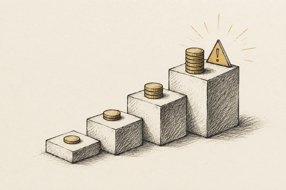 An ascending staircase of rising blocks with a growing stack of coins on each step and a warning triangle at the top