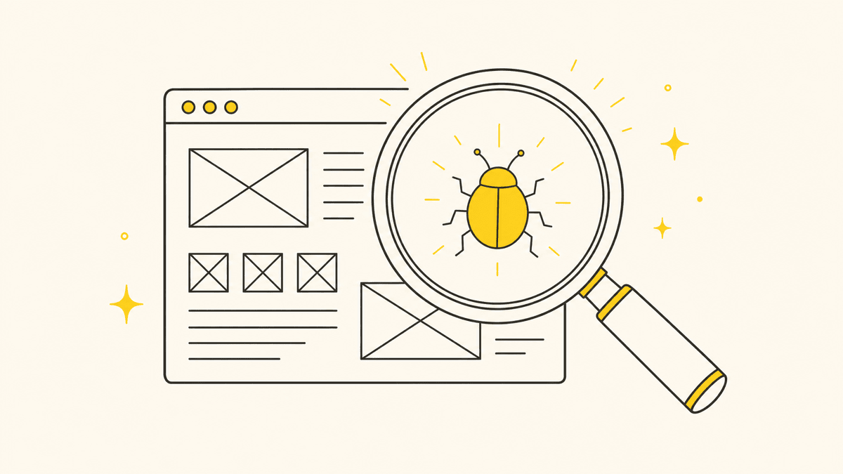 An illustration of a magnifying glass hovering over a webpage wireframe with a small bug icon highlighted
